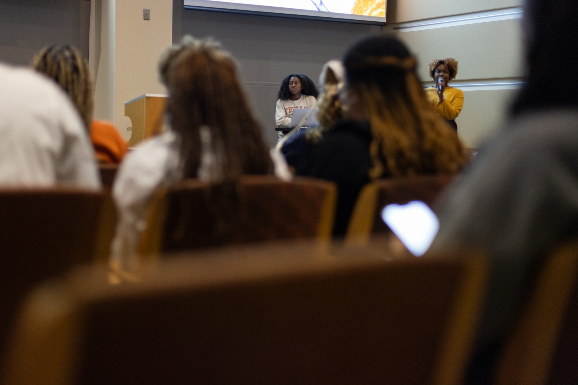 Aaliyah Barlow helps to lead the Black Student Alliance meeting at the University of Texas at Austin on Feb. 19, 2024.