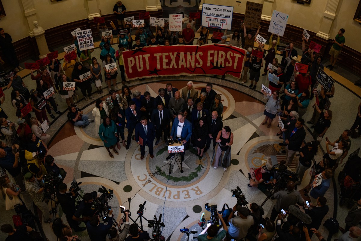 Democratic members of the Texas House hold a press conference following the passing of House Bill 4, in the Capitol Rotunda in Austin on Aug. 20, 2025.