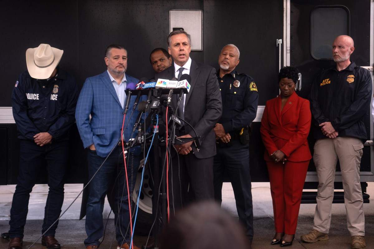 R. Joseph Rothrock, special agent in charge of the Dallas FBI field office, speaks at a press conference after a fatal shooting at an ICE field office in Dallas on Sept. 24, 2025. U.S. Sen. Ted Cruz stands to the left of Rothrock.