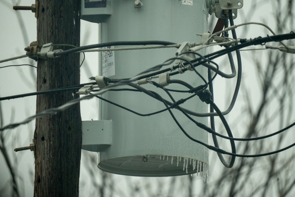 Icicles on a power transformer in Dallas on Saturday.