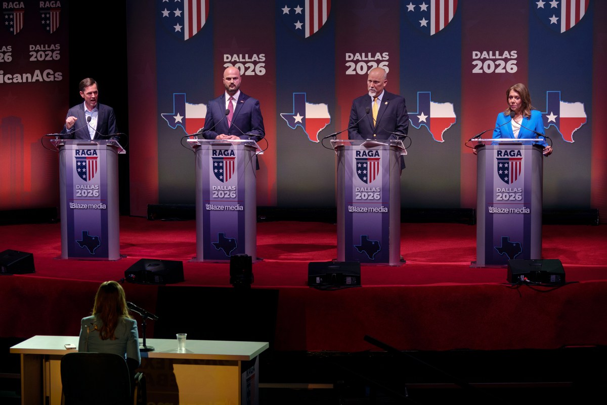 From left: state Sen. Mayes Middleton, former Ken Paxton aide and DOJ official Aaron Reitz, U.S. Rep. Chip Roy and state Sen. Joan Huffman, GOP candidates for Texas attorney general, participate in a debate in Dallas on February 17, 2026. Middleton and Roy are facing off in the May runoff election.