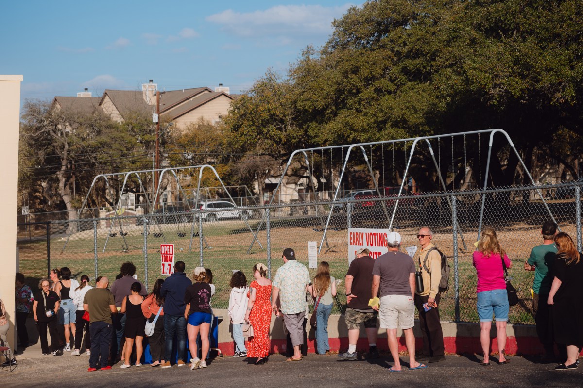 Voters stand in line at the Cody Branch Library polling location on primary election day in San Antonio on March 3, 2026.