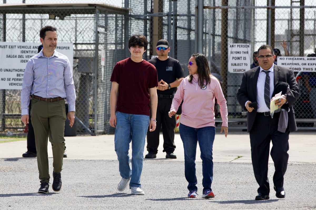 U.S. Rep. Monica De La Cruz accompanies Antonio Gámez-Cuéllar during his release from the El Valle Detention Facility in Raymondville on March 9, 2026. Gámez-Cuéllar, a member of a nationally recognized mariachi band, and his family were detained by ICE last month.