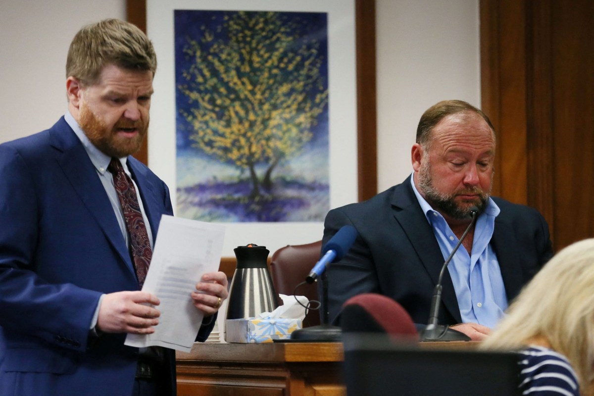 Mark Bankston, lawyer for Neil Heslin and Scarlett Lewis, asks Alex Jones questions about text messages during trial at the Travis County Courthouse, Austin, Texas, U.S., August 3, 2022.