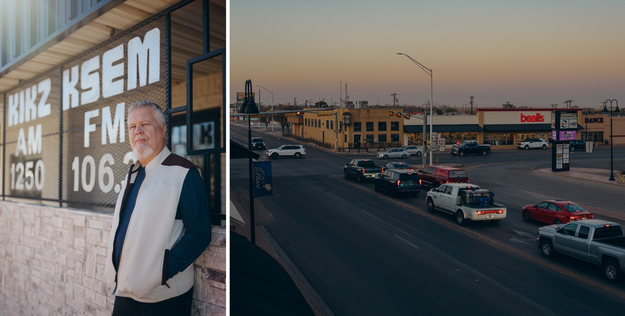Left: German radio show host, John Peters outside the Seminole KSEM Radio Station on Nov. 29, 2025. Right: The corner of Avenue A and Main Street in Seminole on Nov. 29, 2025.