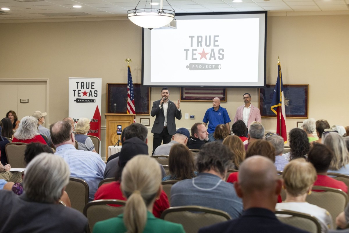 State Rep. Nate Schatzline speaks to a gathering of the True Texas Project, a conservative political group, just outside Fort Worth.