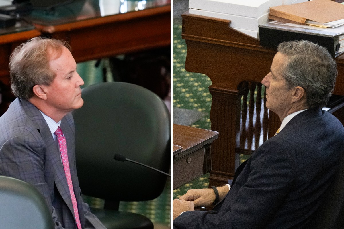 From left: Texas Attorney General Ken Paxton and state Comptroller Kelly Hancock during Paxton's September 2023 impeachment trial on the Senate floor at the Austin Capitol.