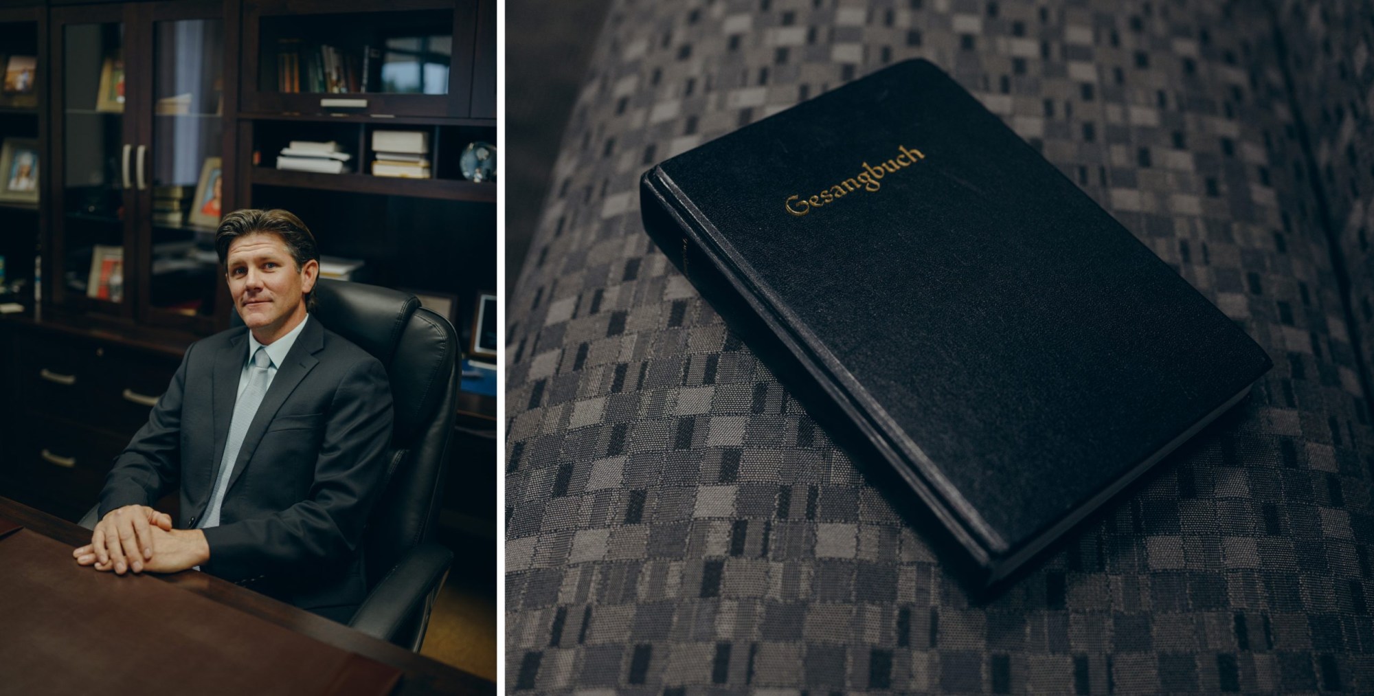 Left: Pastor Jake Fehr at the Mennonite Evangelical Church in Seminole. Right: The German songbook at the Mennonite Evangelical Church.