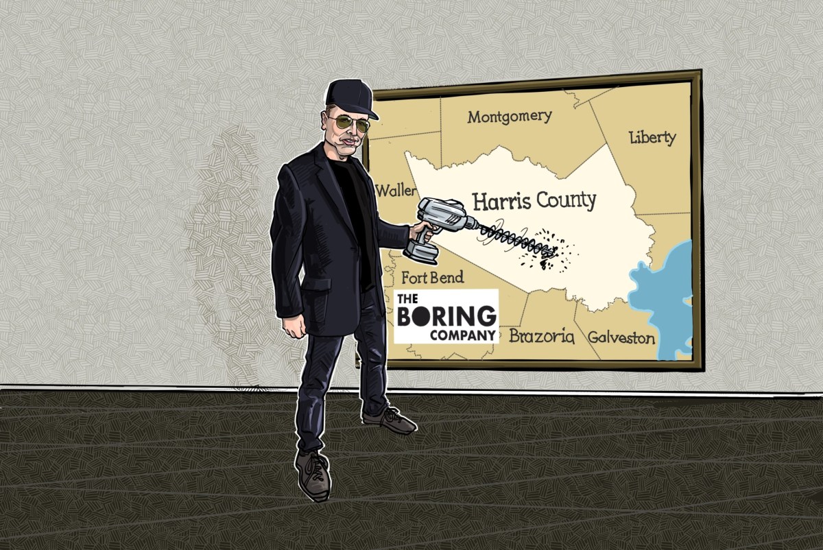 An illustration of Elon Musk drilling through a map showing Harris County in Texas.