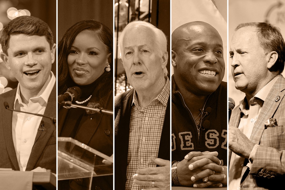 From left: Democrats James Talarico and Jasmine Crockett, incumbent U.S. Sen. John Cornyn and fellow Republicans Wesley Hunt and Ken Paxton.