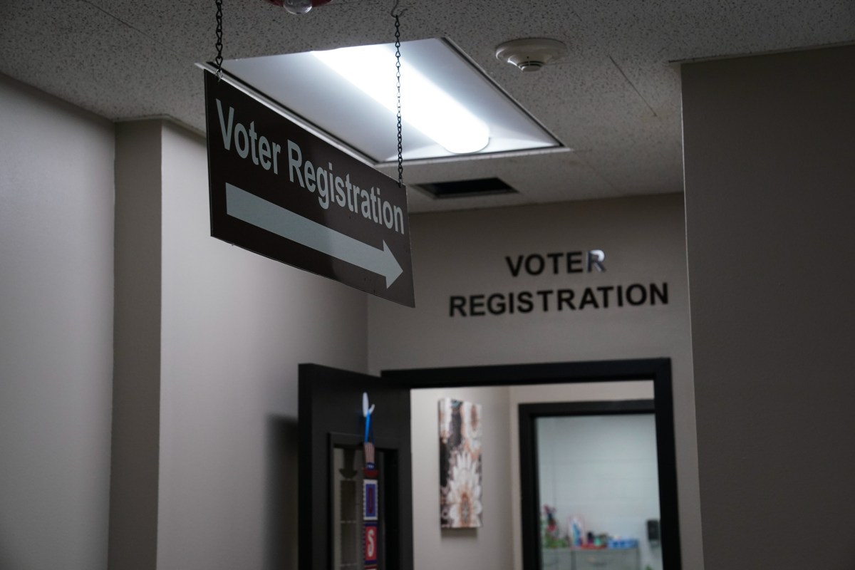 The voter registration office is seen at the Nueces County Courthouse in Corpus Christi on Sept. 11, 2024