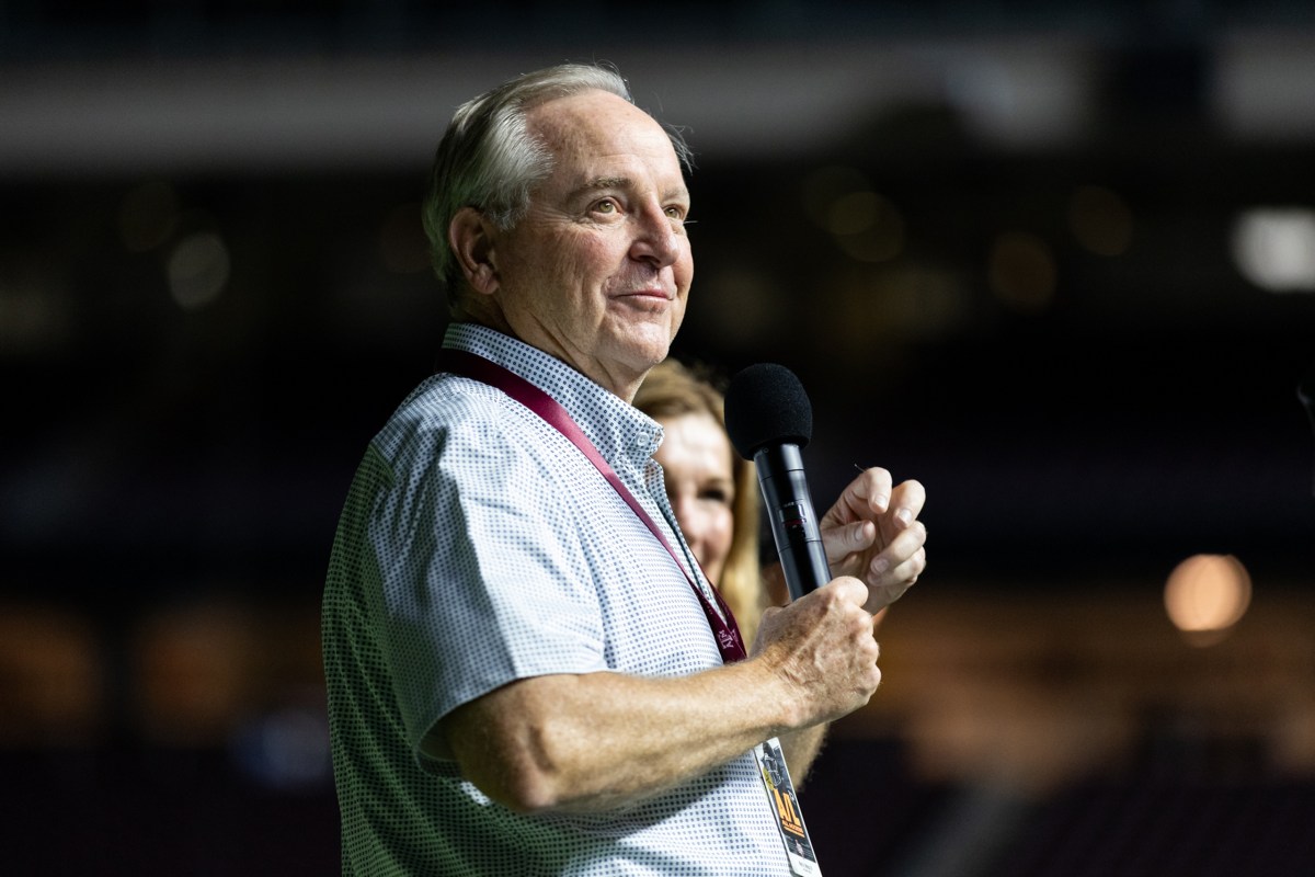 Then-Texas A&M President Mark Welsh during Midnight Yell at Kyle Field on Friday, Aug. 29, 2025.